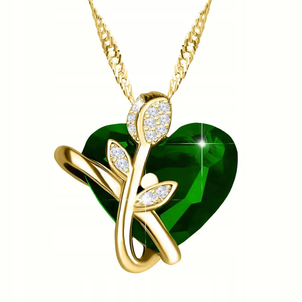 Gullsmykke Kjede med Krystallhjerte og Rose i Sølv Au