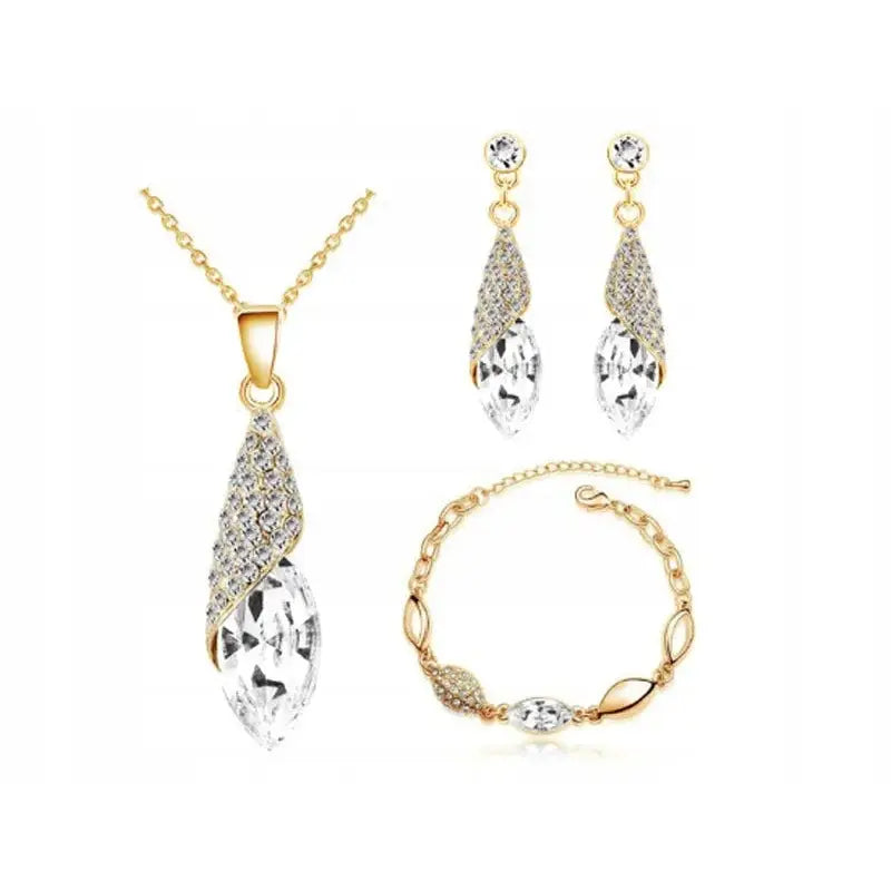 Øredobber Gull med Hvite Krystaller og Smykke-sett 45cm