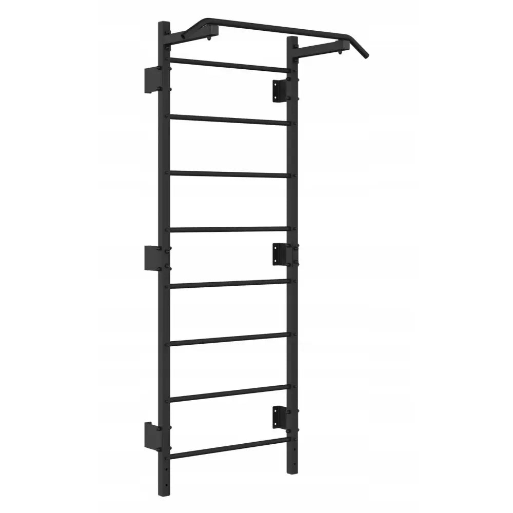 Ribbevegg i sort metall, skrå vinkel viser horisontale stenger og integrert pullup-stang mot hvit bakgrunn.