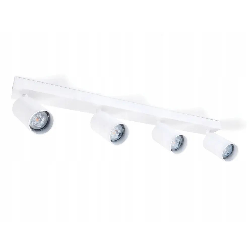 Halogen taklampe med fire hvite, justerbare spotlys i moderne, minimalistisk design på skinne.