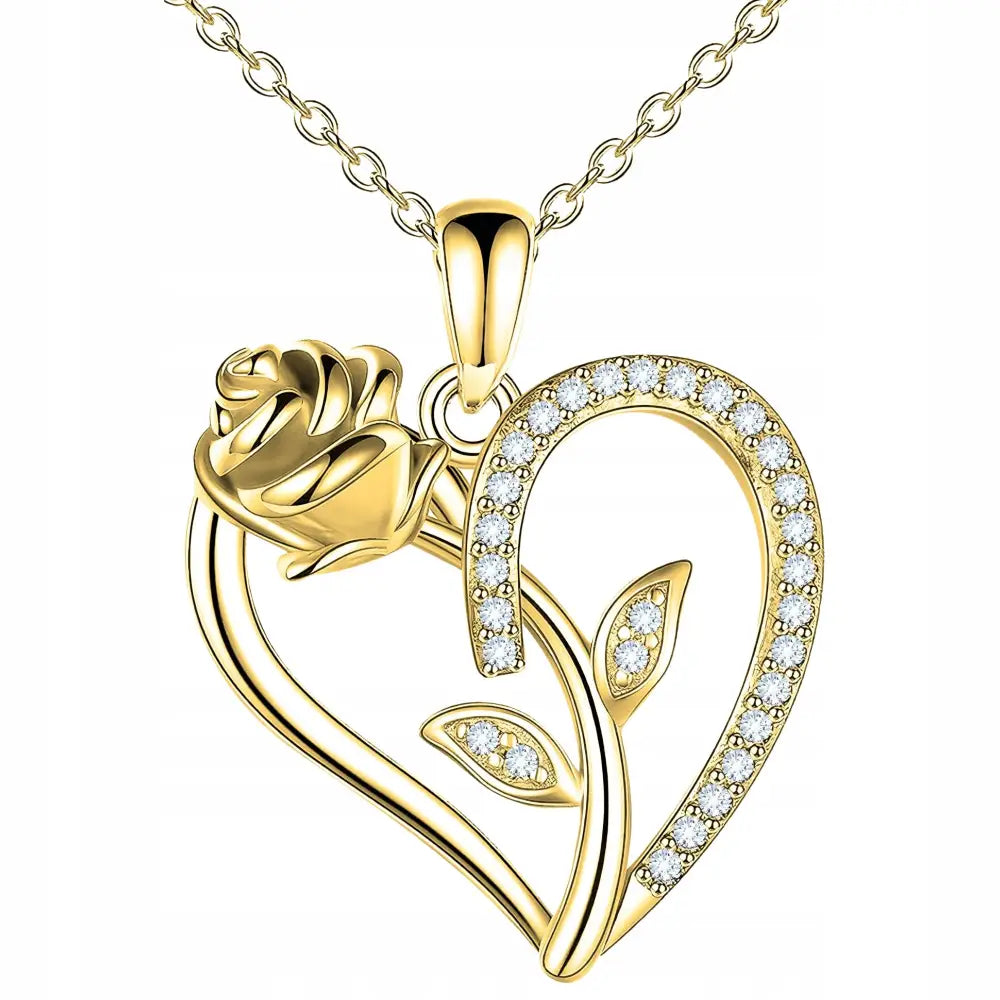 Gullsmykke Kjede Gull Hjerte med Rose i Zirkonia