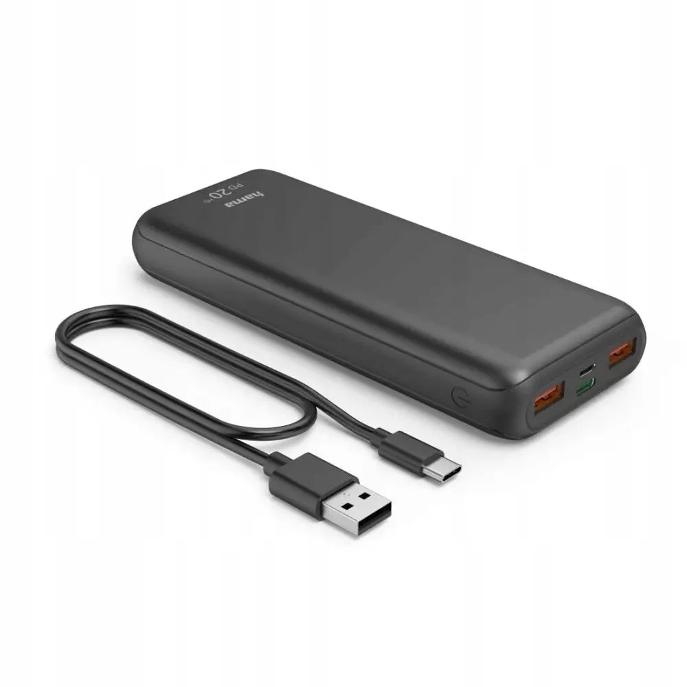 Hama Powerpack Powerdelivery 20HD, sort powerbank med to oransje USB-porter, USB-C og svart ladekabel.