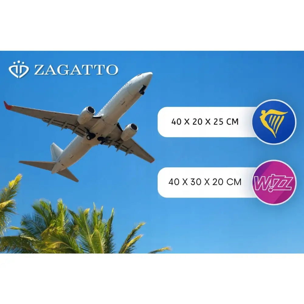 Håndbagasje ryggsekk for Ryanair og Wizzair, illustrert med fly, målskjema og selskapslogoer.