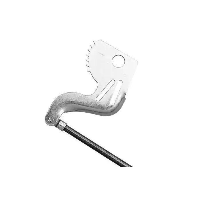 Håndbremsspak med sagtannet hode og rundt hull, sidevisning av børstet metall og mørkt skaft.