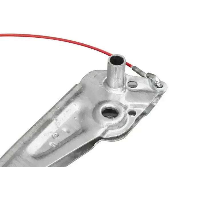 Håndbremsspak med sølvfarget metall, rødt kabel feste og tydelig hulrom, nærbilde mot hvit bakgrunn.