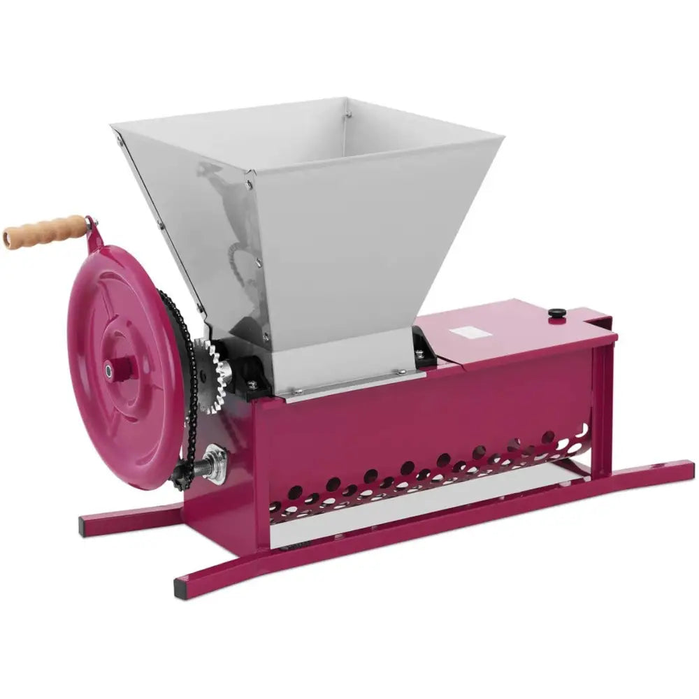 Handdrevet vingårdsavstryker og bærknuser, skråvisning som fremhever trakt, håndsveiv og rød base.