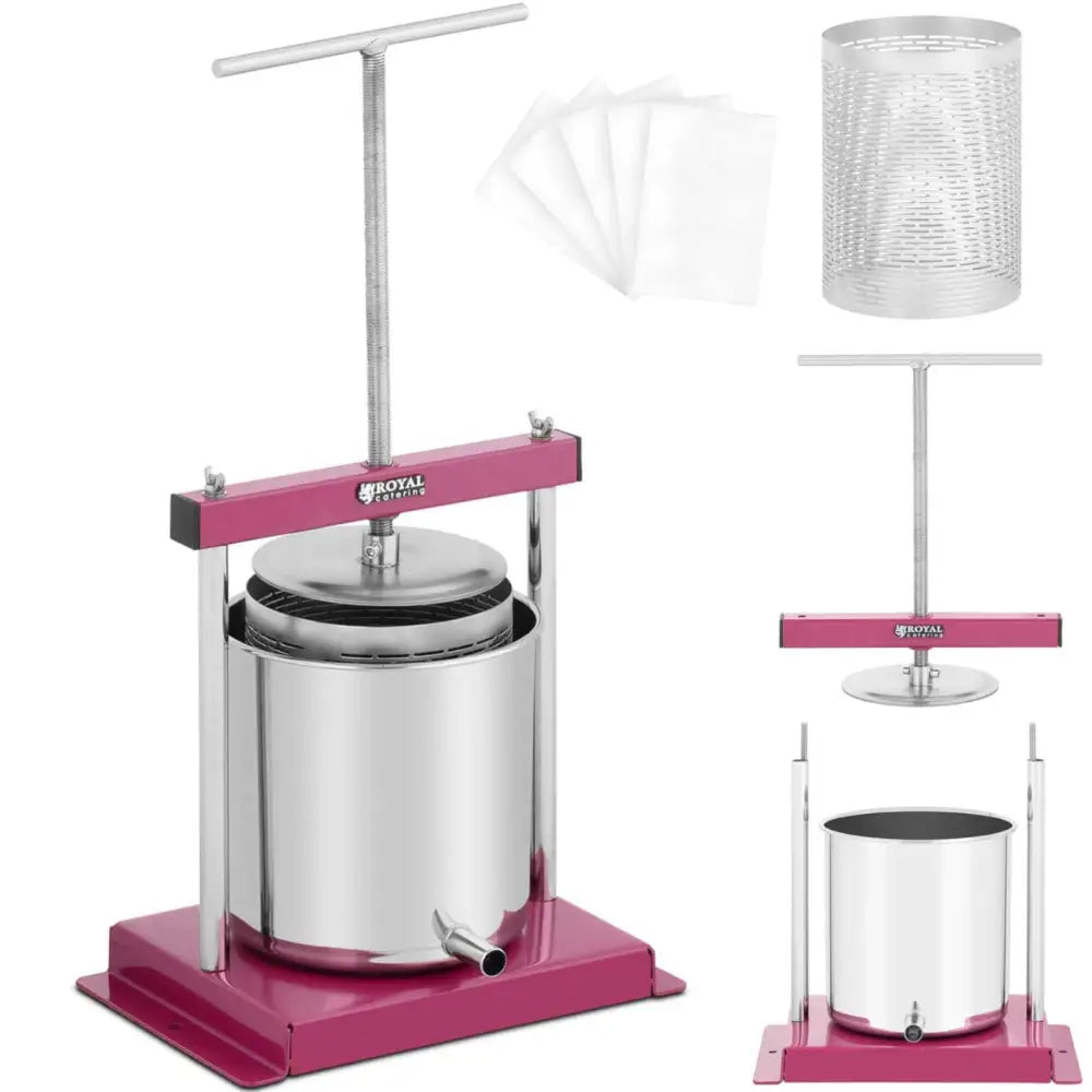 Håndholdt fruktvin juicepress 5L med rosa ramme, T-formet håndtak og fem filterposer inkludert.