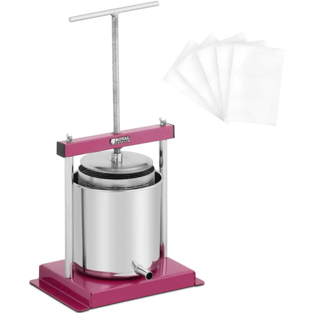 Håndholdt 5L fruktvin juicepress med rosa ramme, frontvisning og fire hvite filterposer ved siden av.