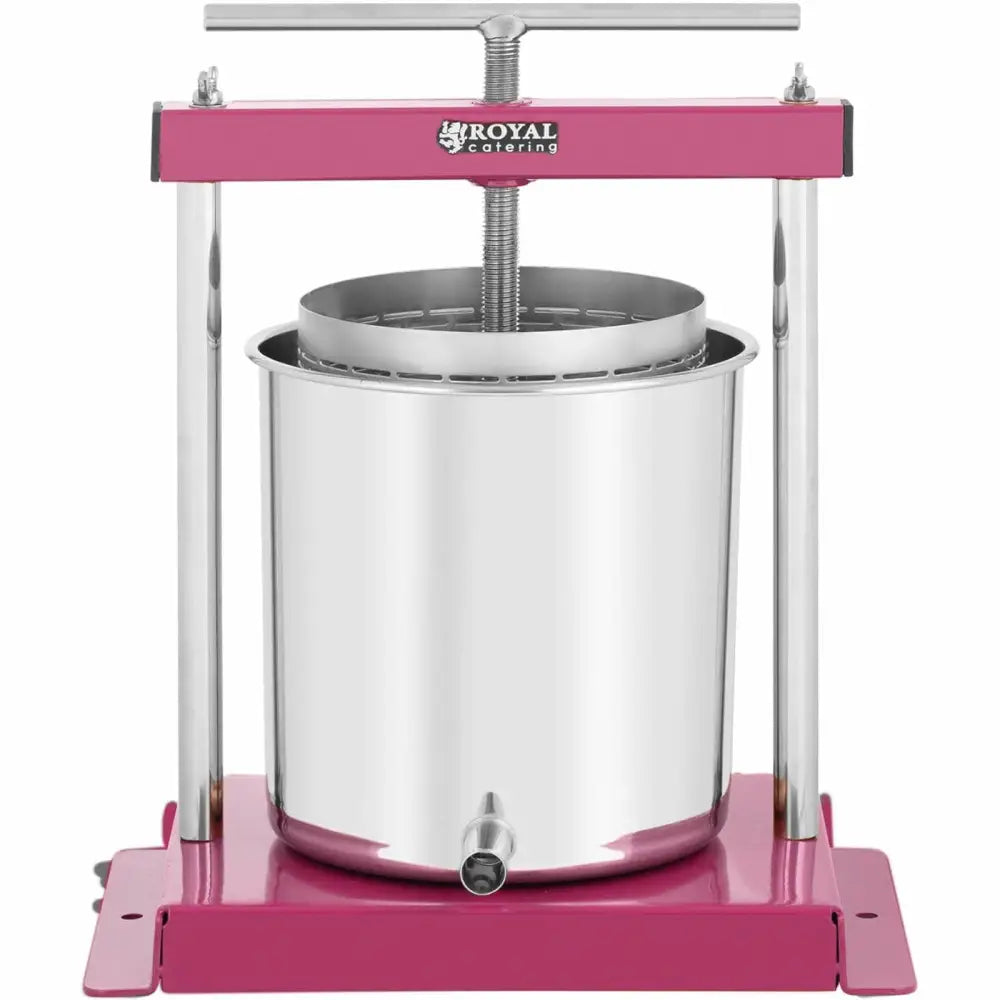 Håndholdt 5L fruktvin juicepress med rosa ramme, frontvisning av skrutopp og avtappingstut.