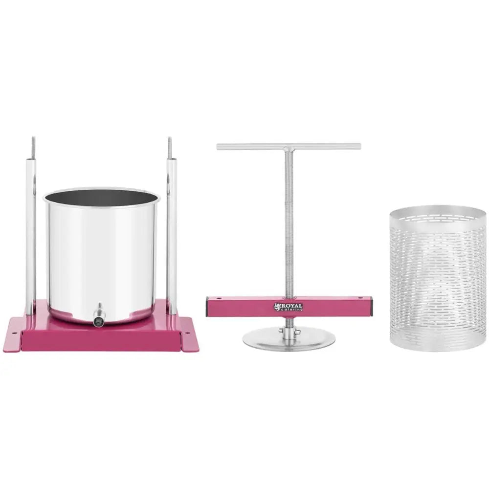 Håndholdt 5L fruktvin juicepress, alle deler adskilt og synlig på hvit bakgrunn, inkludert fem poser.