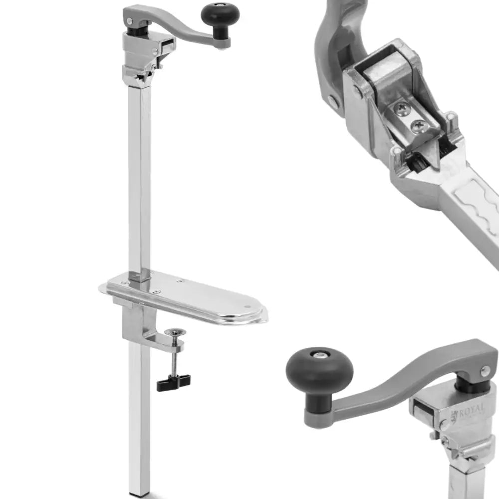 Handholdt kanåpner med sort plasthåndtak, nærbilde av toppseksjonen og festeskrue mot bordplate.