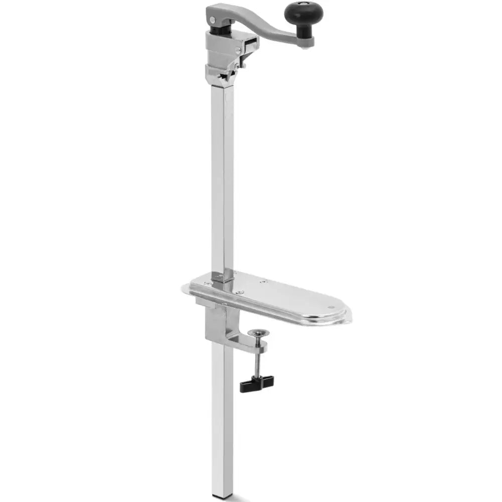 Handholdt kanåpner festet til bord, sidevisning med sort plasthåndtak og synlig justerbar klemme nederst.