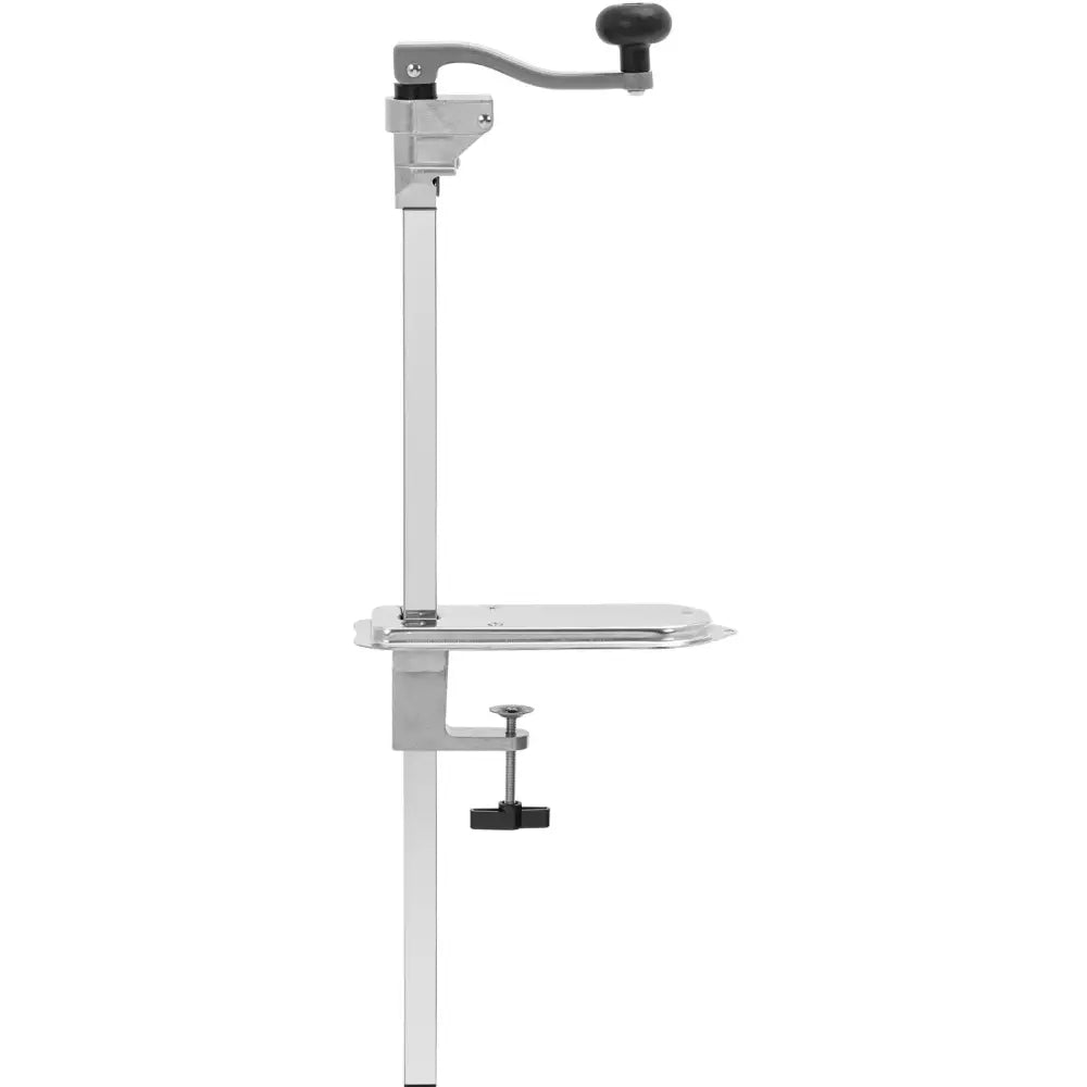 Handholdt kanåpner i sølv med sort sveiv og bordfeste, sidevisning som fremhever strammeskrue og håndtak.