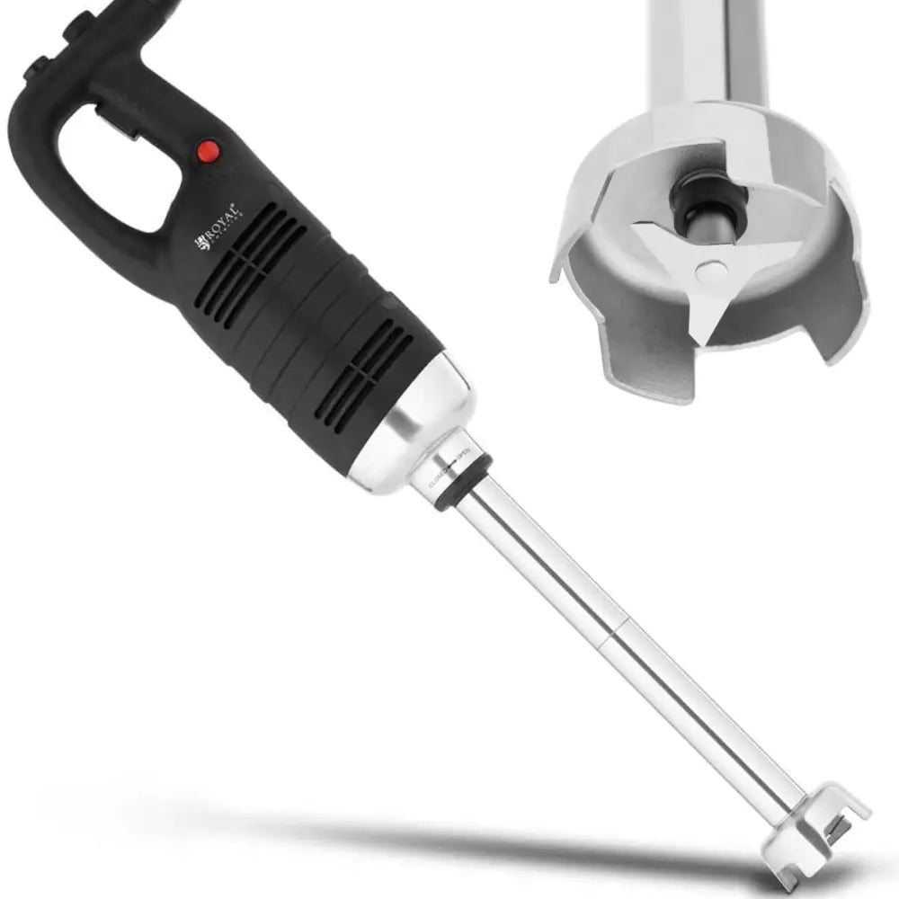 Håndholdt mikserblender med sort ergonomisk grep, sølvfarget stav og detaljert visning av knivbladet i metall.