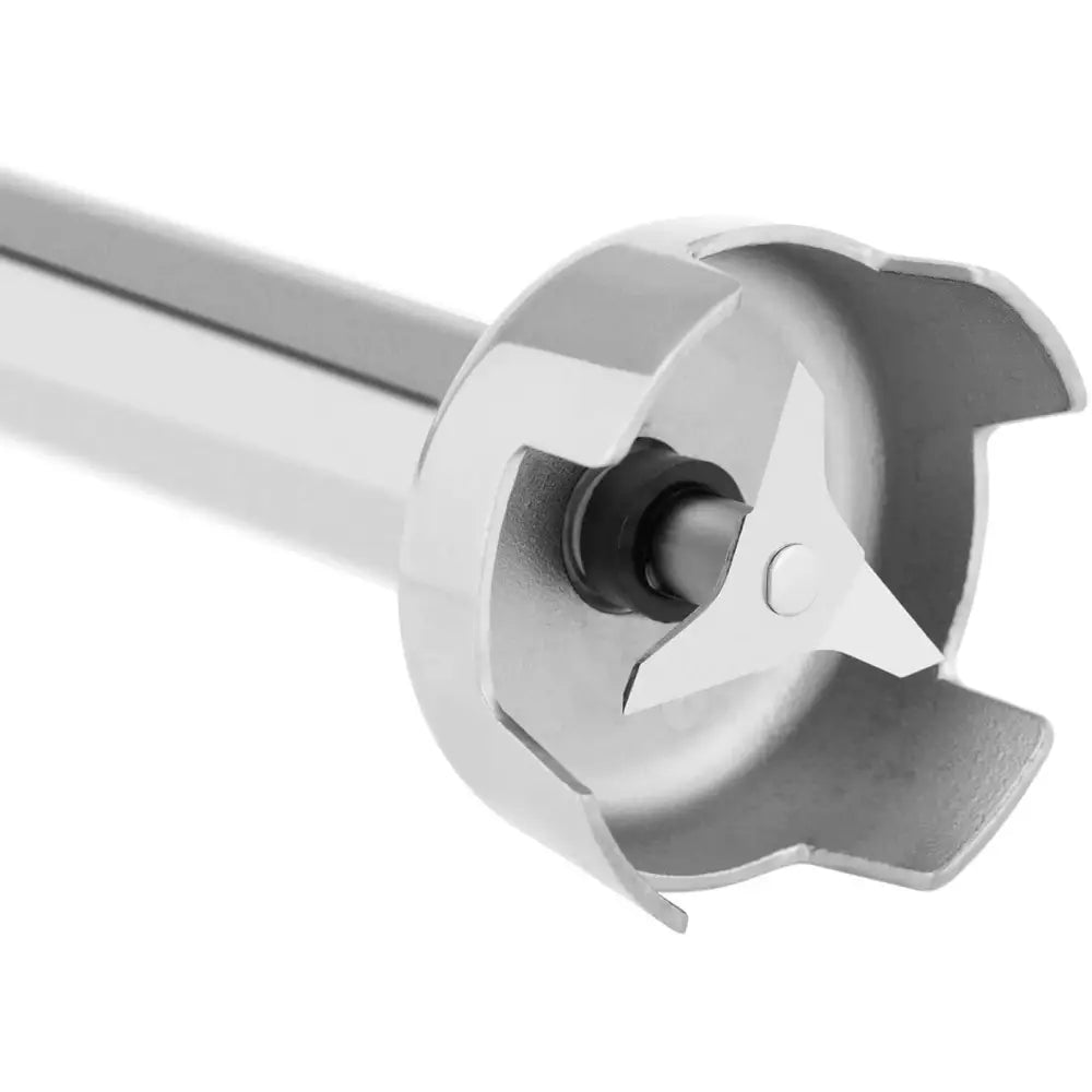 Stavmikser i rustfritt stål, frontvisning som fremhever de tre knivbladene og vernehylsen.