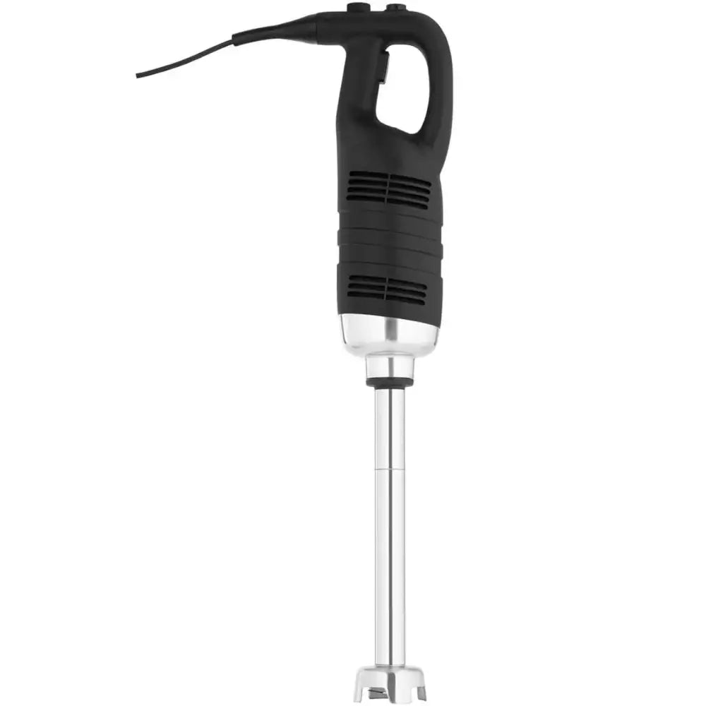 Håndholdt mikserblender med langt stålskaft og sort håndtak, frontvisning med synlig ledning.