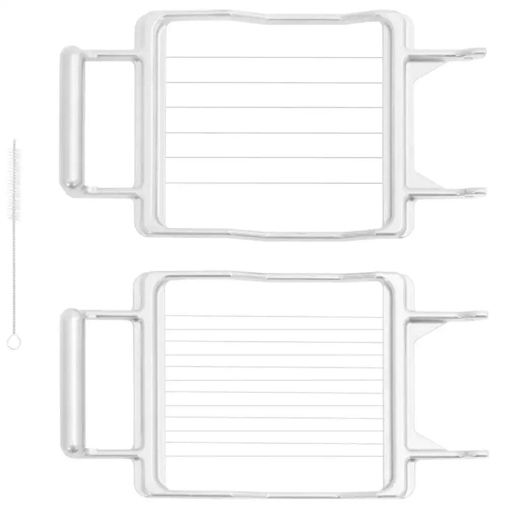 Håndholdt ost- og smørskiver, to plastskjærere med parallelle metalltråder og medfølgende rengjøringsbørste.