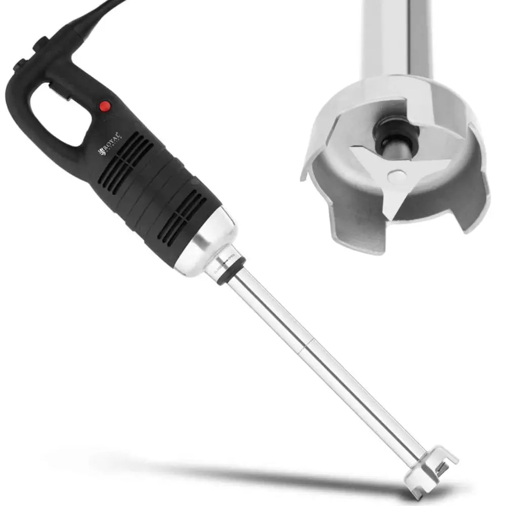 Håndholdt robotblender med sort håndtak, sølv stang og nærbilde av knivblad i rustfritt stål.