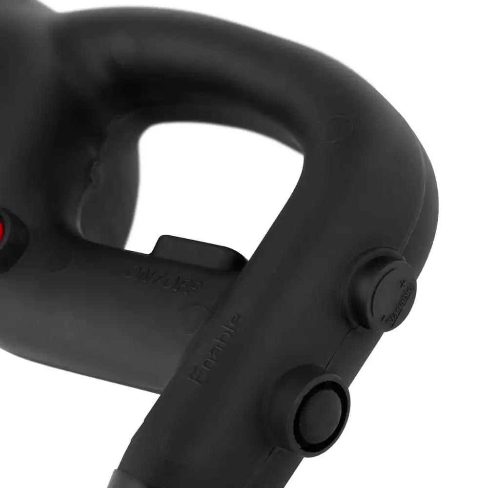 Håndholdt robotblender, detaljert sidevisning av sort plasthåndtak med synlige knapper og matt finish.