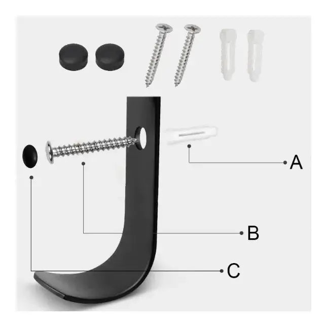 Håndklehenger Ortys svart, sidevisning med skruer, plugger og svarte deksler i eksplodert oppsett.