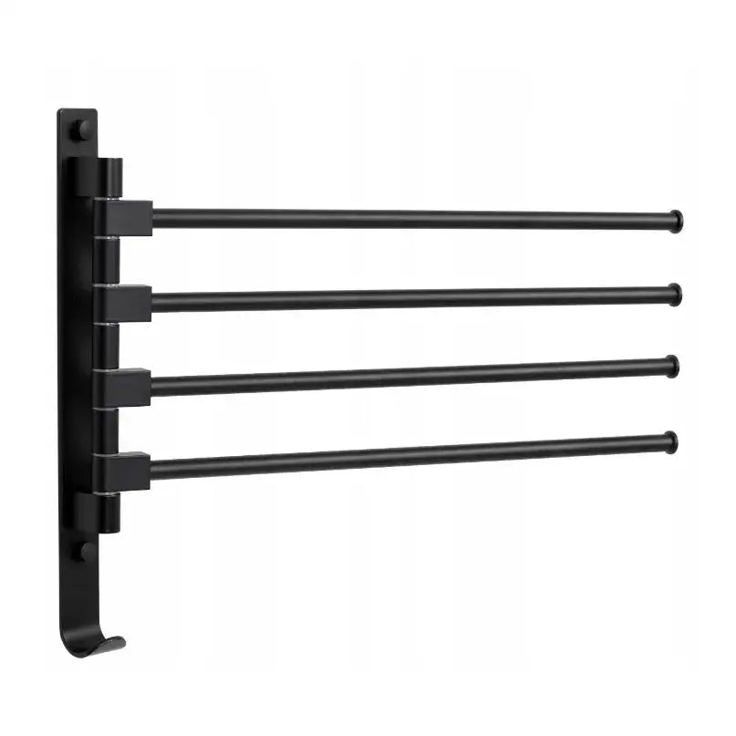Håndklehenger Ortys svart, sidevisning av fire utsvingbare stenger og krok på veggfeste.