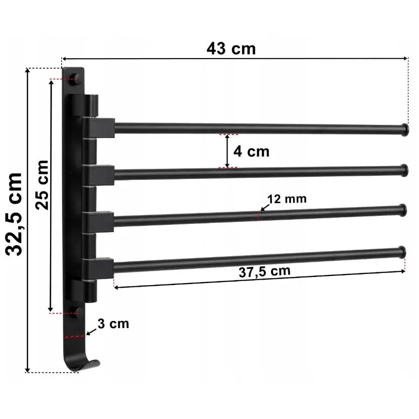 Håndklehenger Ortys i svart metall, sideprofil med fire stenger og synlige mål mot hvit bakgrunn.