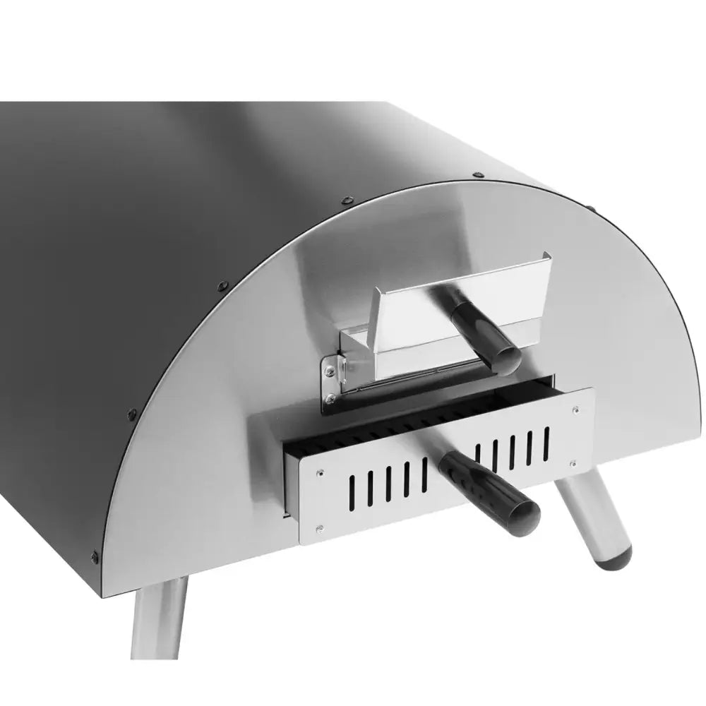Handmade tre burnt pizzaovn i rustfritt stål, bakside med svarte håndtak og ventilasjonsåpninger nederst.