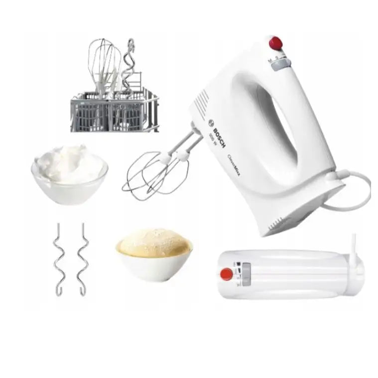 Håndmikser Bosch 300W hvit med rødt kontrollhjul, visper, eltekroker og tilbehør ved skåler med krem og deig.