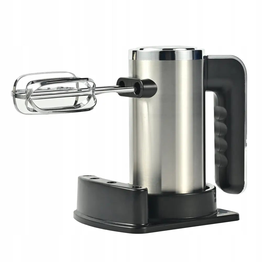 Håndmikser Kerch Neo i sølv og grå, sidevisning med visp montert og stativ inkludert.