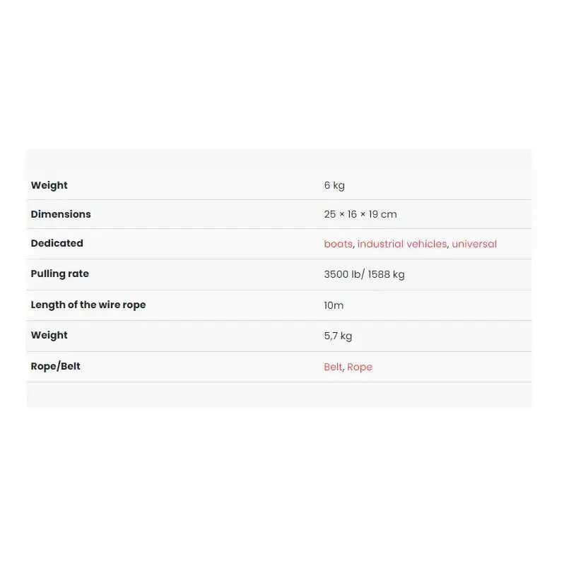 Tekniske spesifikasjoner for Håndvinsj Dragon Winch DWK 35 V, inkludert vekt, dimensjoner og vaierlengde.