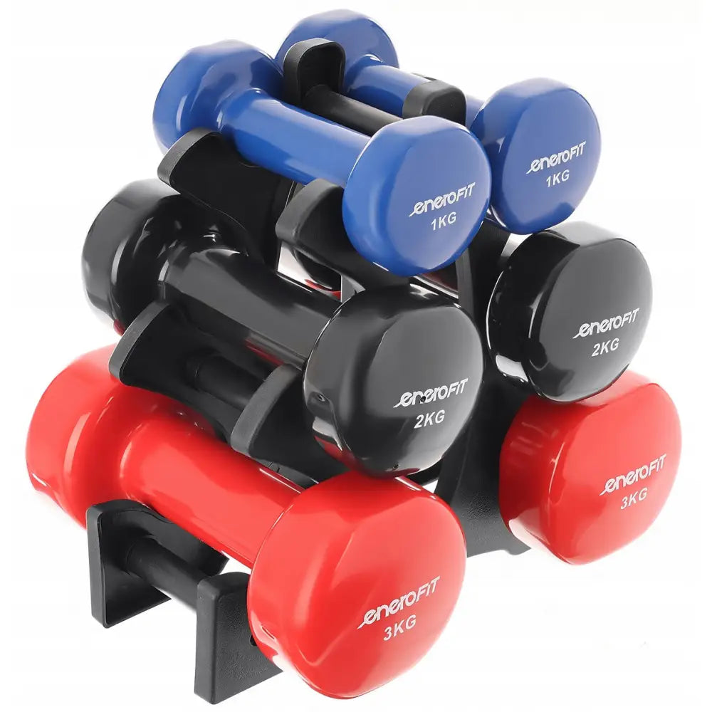Hantelsett med seks blå, svarte og røde manualer på stativ, 1–3 kg, sett skrått forfra.