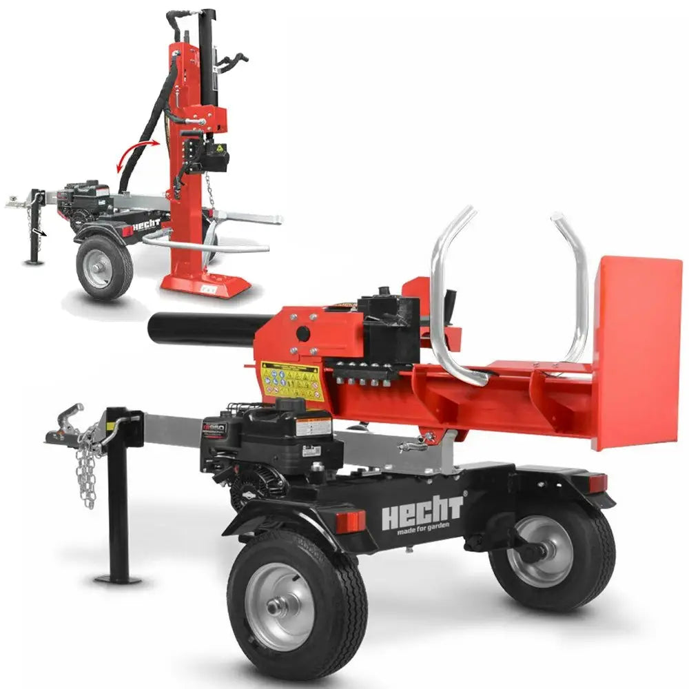 HECHT 6422 vedkløyver i rødt og svart, sidevisning med store hjul, håndtak og synlig hydraulikk.