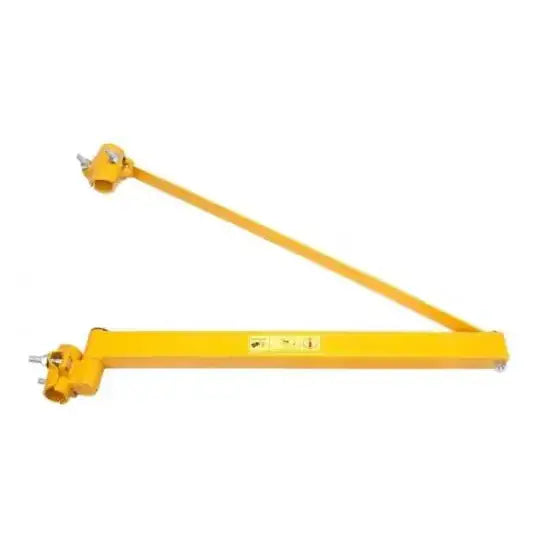 Heisramme til løftevinsj i gult metall, sidevisning med to klemmefester og justerbar arm mot hvit bakgrunn.