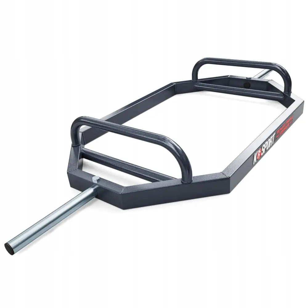 Heksagonal trap bar med sekskantet ramme og parallelle håndtak, sort med sølvfargede ender for vektskiver.