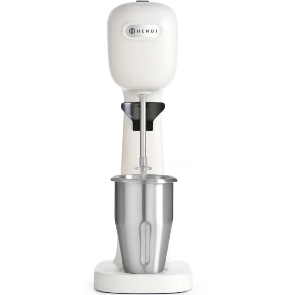 Hvit Hendi elektrisk stavmikser med stålkopp, frontvisning som fremhever ståldetaljer og synlig logo.