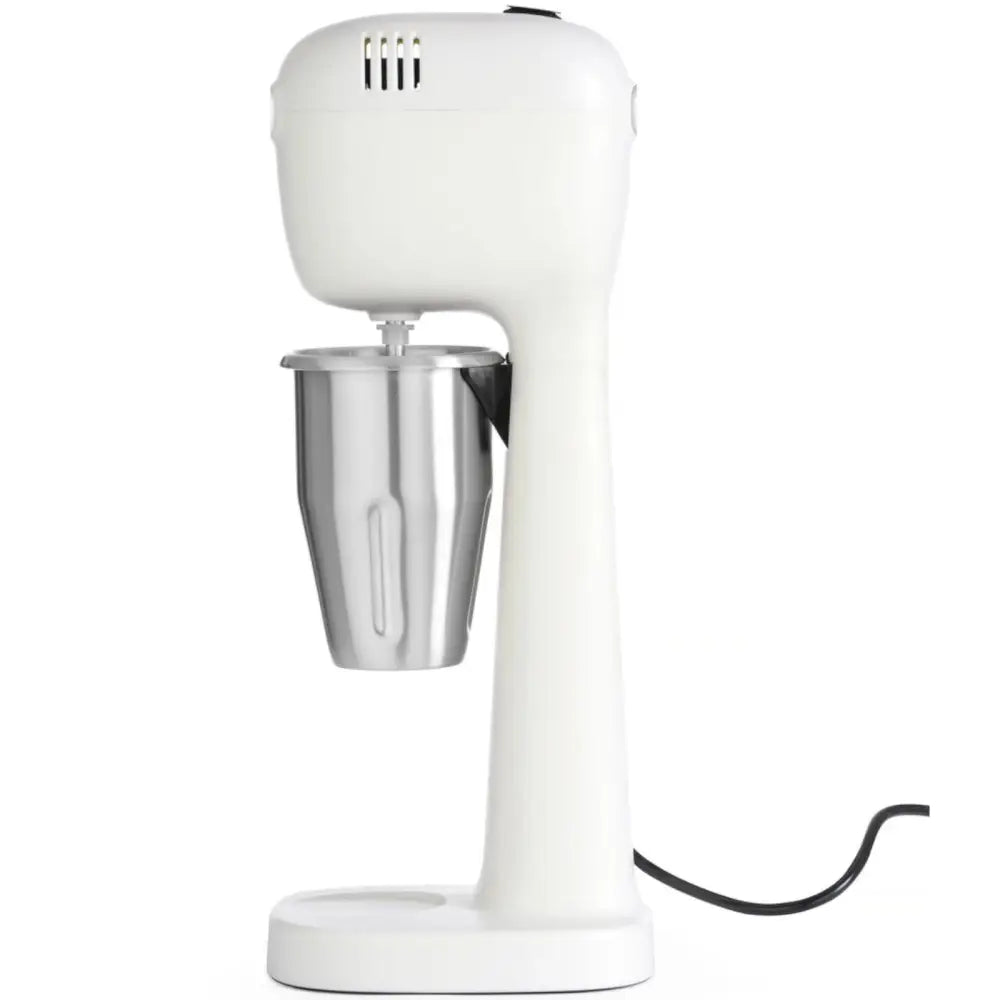 Hvit Hendi melkelige cocktail shaker, sidevisning med rustfri stålbeholder og synlig svart ledning mot hvit bakgrunn.