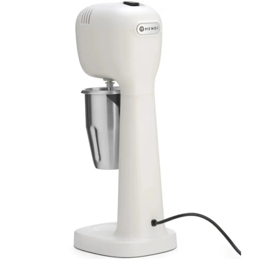 Hendi melkelige cocktail shaker i hvit plast, sidevisning med metallbeger og synlig strømledning.
