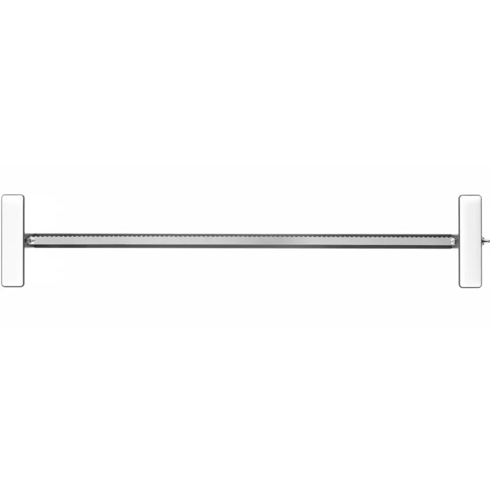 Kake- og brødskjærer med sølvfarget metallstang og rektangulære hvite endestykker, frontvisning.