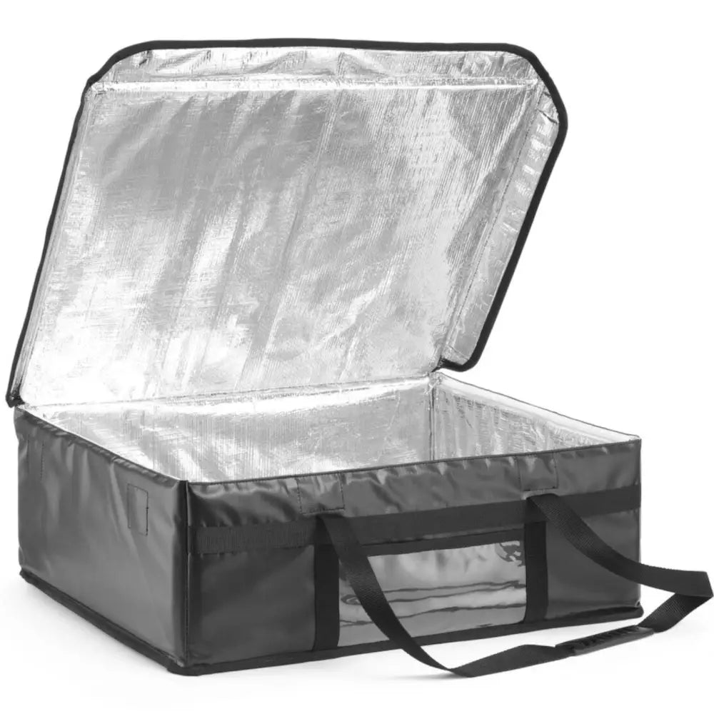 Matleveringsisolertpose, åpent lokk viser sølvfarget innside og to bærehåndtak foran fra skrå vinkel.