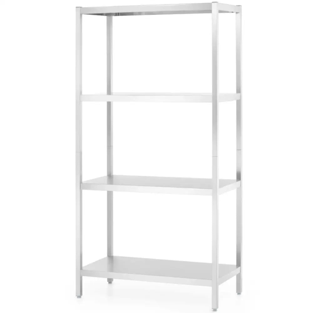 Metall lagringshylle med fire hvite hyller, skrå forfra mot hvit bakgrunn, minimalistisk design.