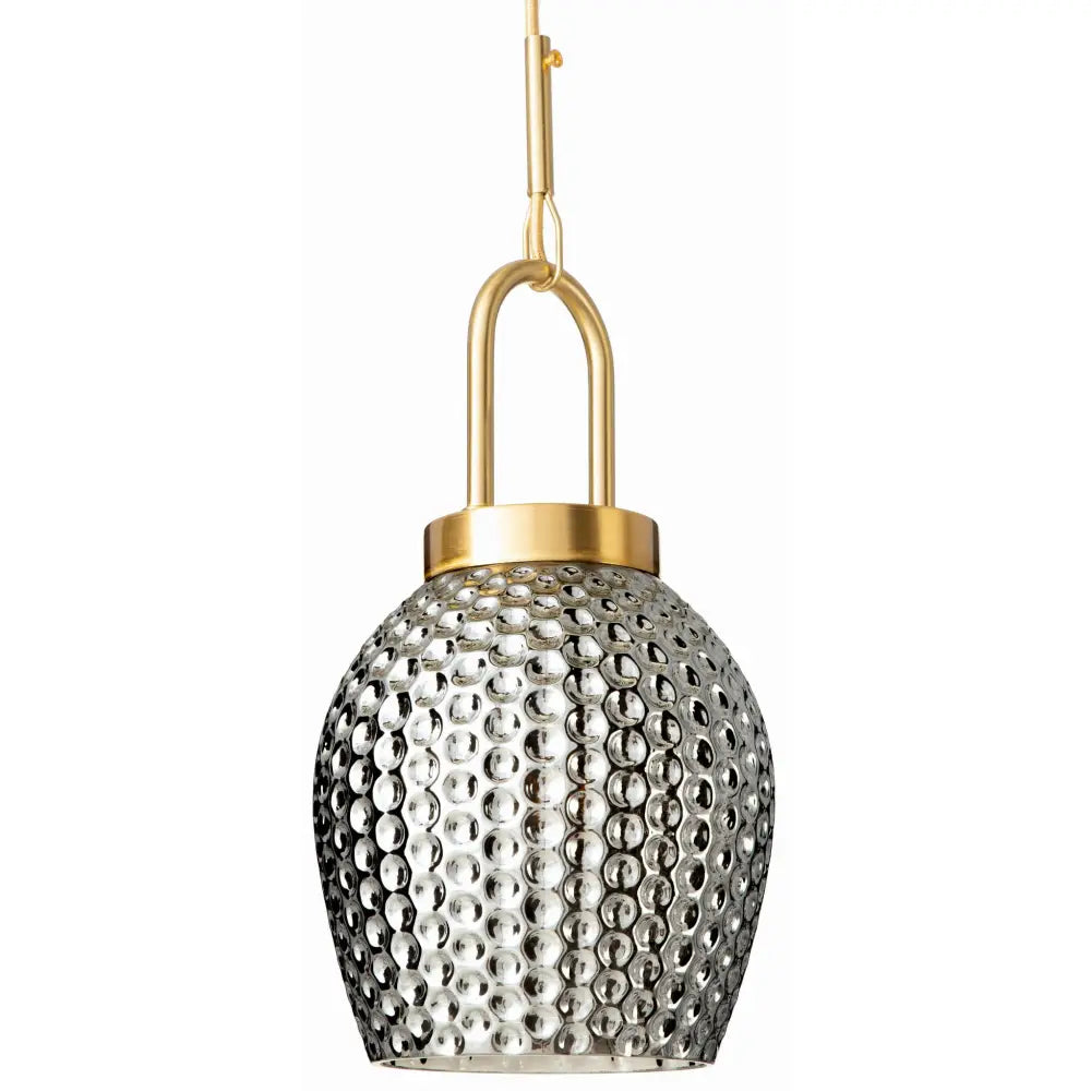 Hengelampe med kjegleformet kuppel i grått glass med boblemønster og børstet messingdetaljer, frontvisning.
