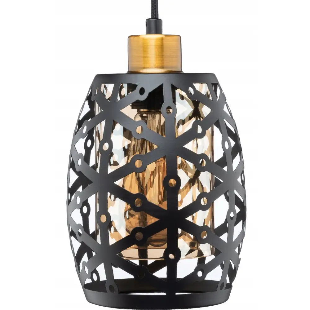 Hengelampe med sort geometrisk metallskjerm, gull topp og ravfarget glassinnsats, sett forfra.