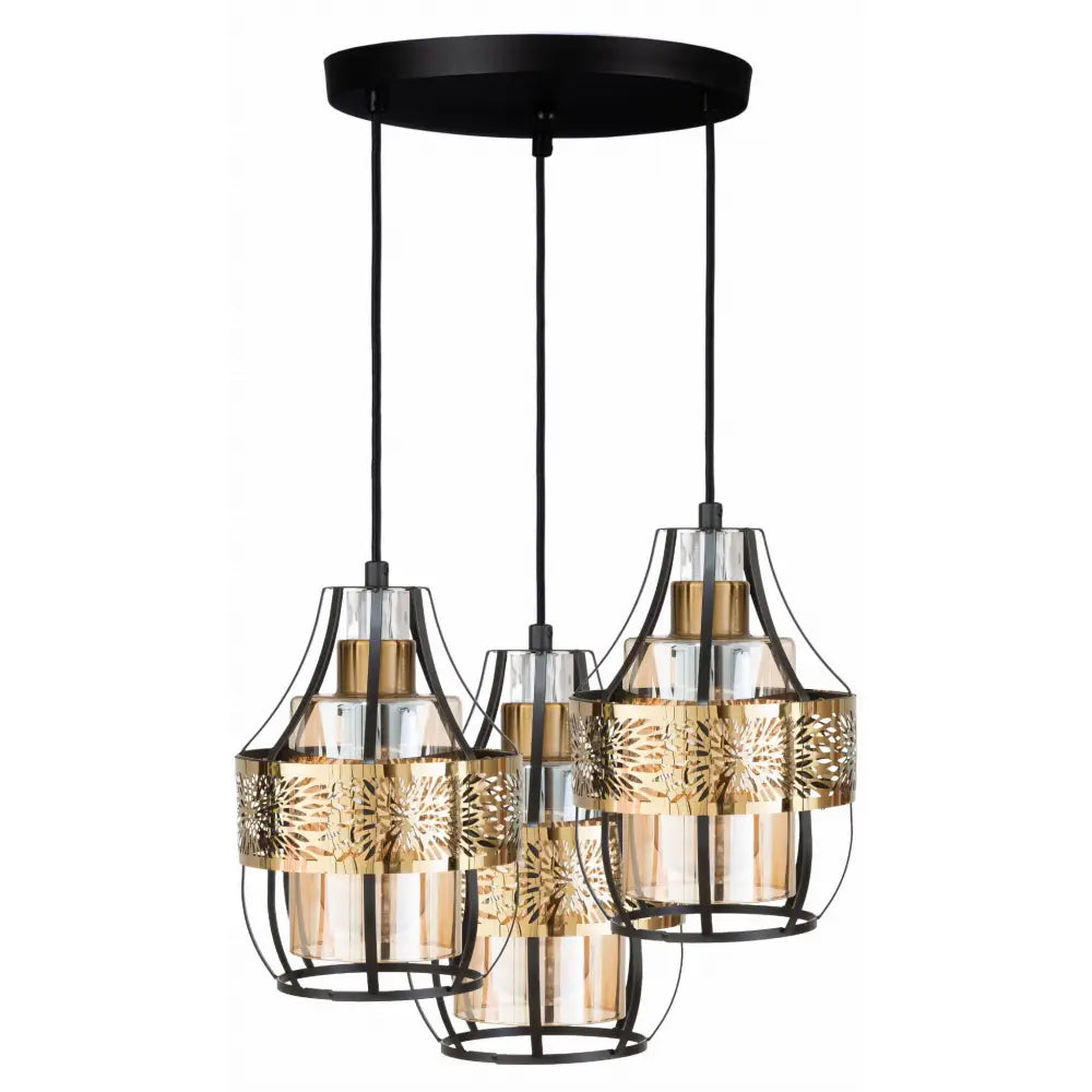 Hengelampe i glass og svart metall, tre skjermer i klart og gullglass med utskårne mønstre, frontvisning.