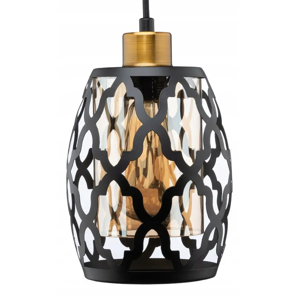 Hengelampe med svart metallramme og gyllen glasskjerm, vist skrått forfra med dekorative detaljer.