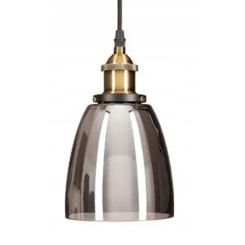 Hengelampe i speilglass grafitt med sotet glasskjerm, messingdetaljer og sort ledning mot hvit bakgrunn.