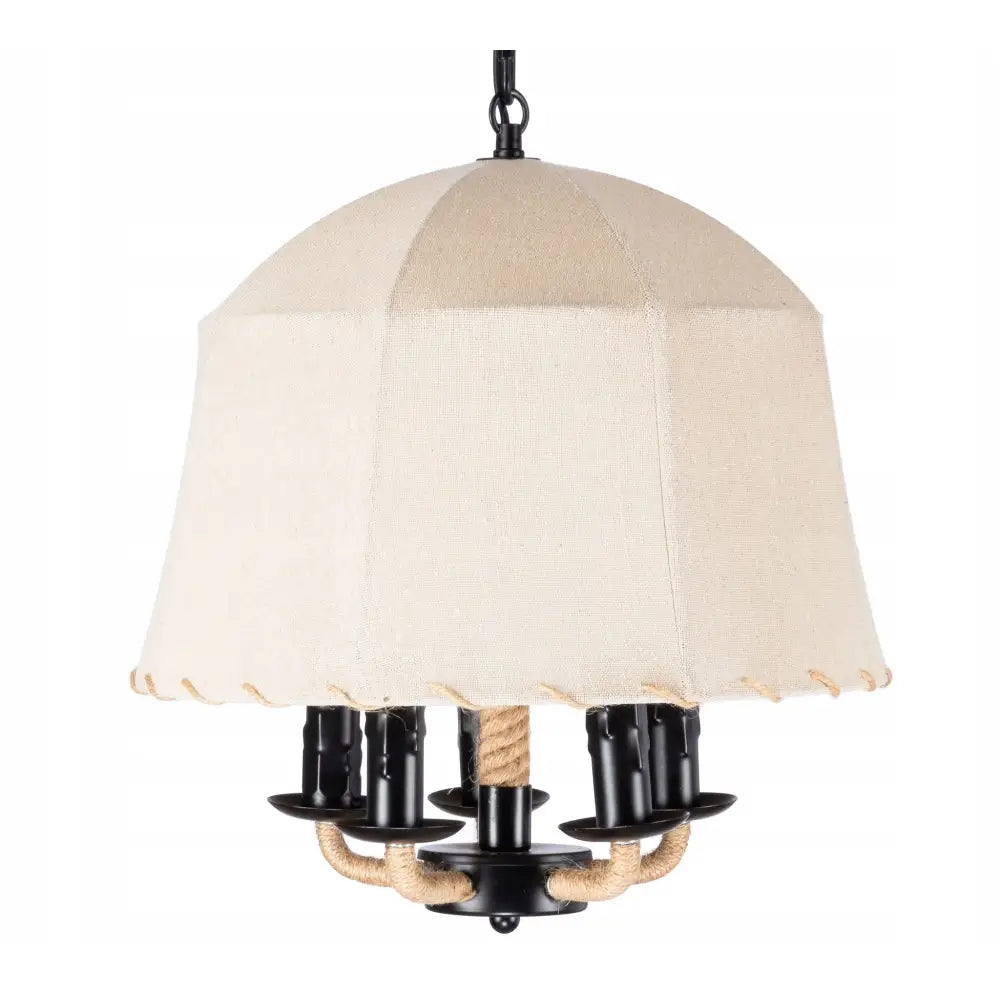 Hengelampe Len Boho Natur Baloon med beige tekstilskjerm, sorte detaljer og hampetau rundt fatningen.