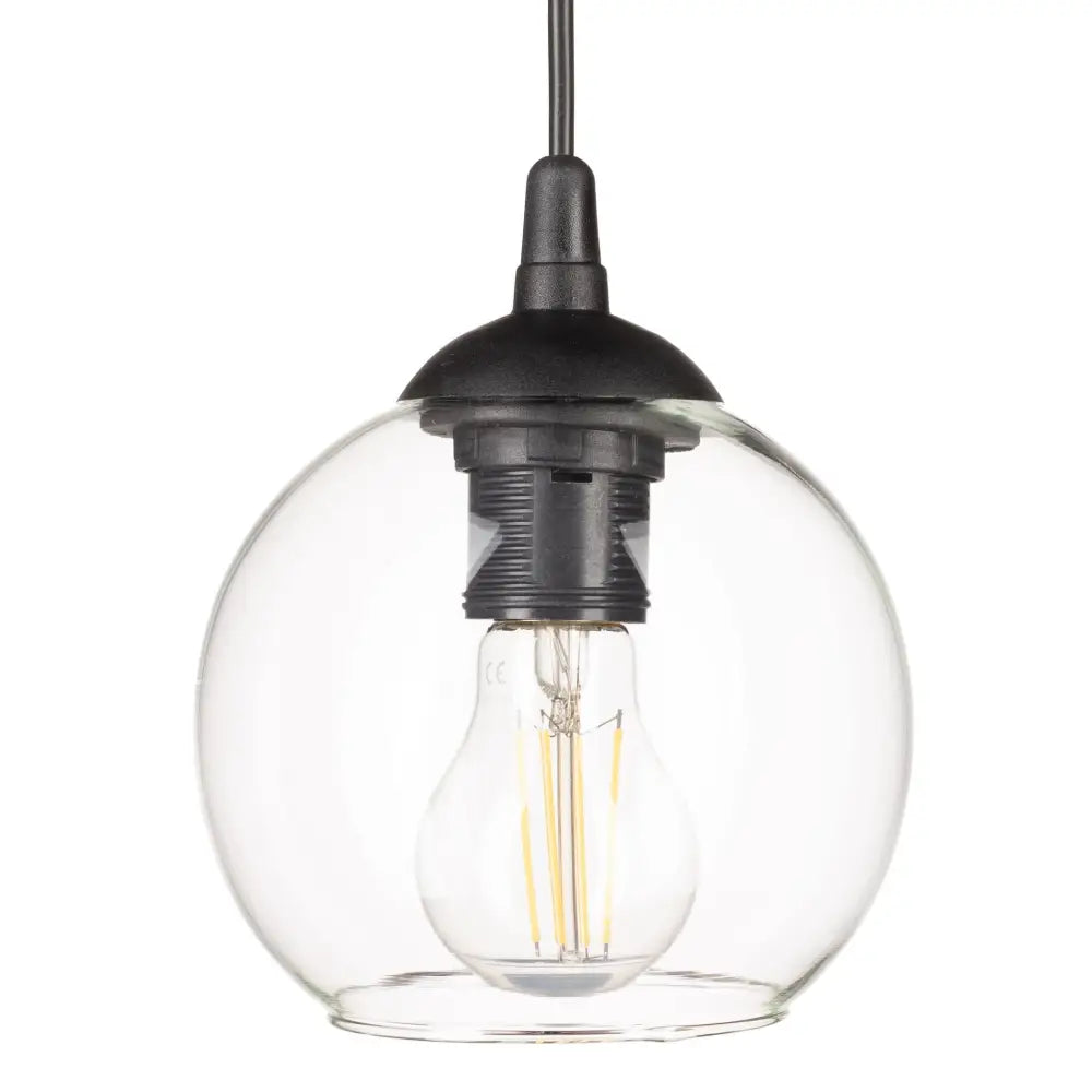 Hengelampe Liten Kule Venus med gjennomsiktig glasskuppel, synlig lyspære og sort oppheng mot hvit bakgrunn.