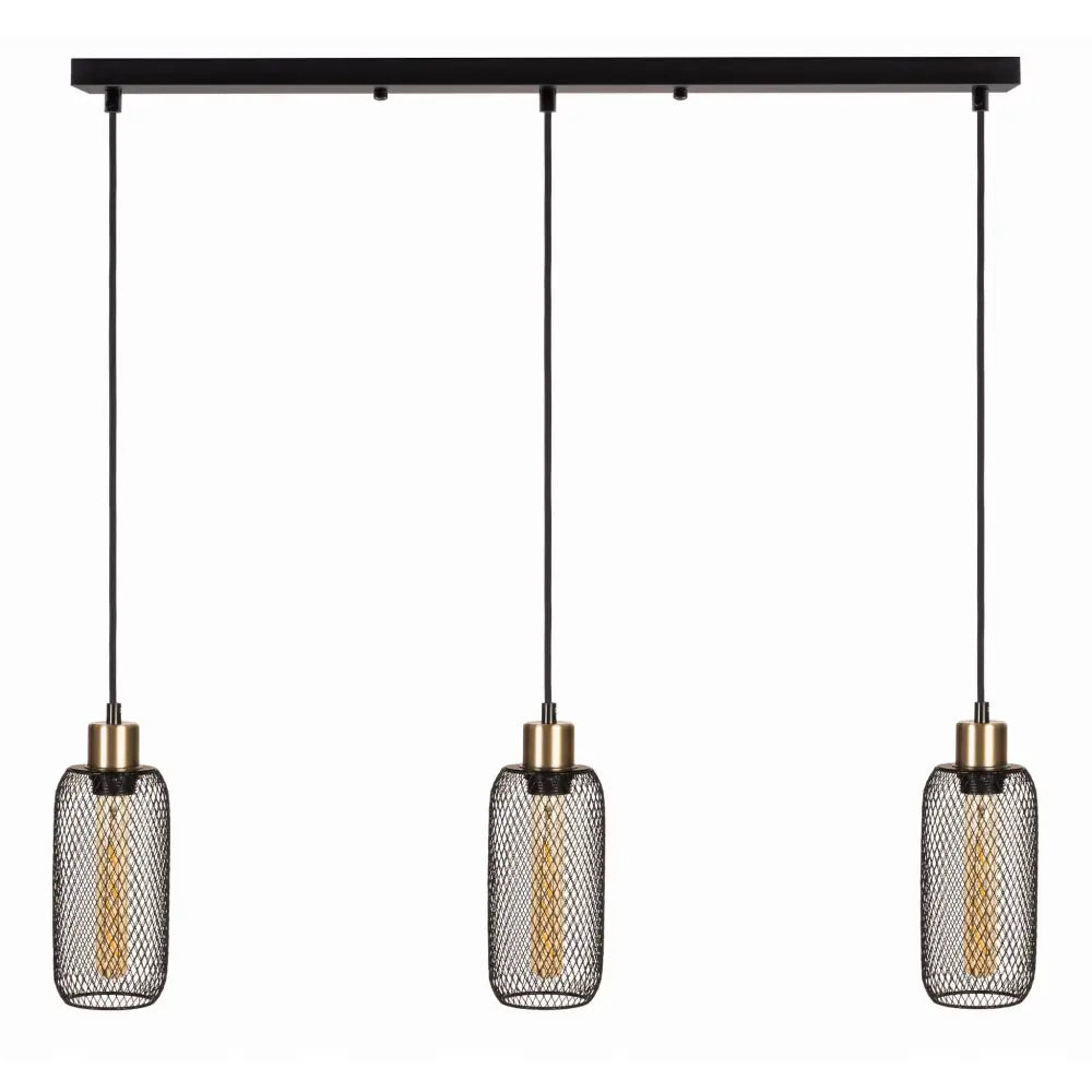 Hengelampe Loft Netting Trippel Skinne, tre svarte metallnett-skjermer med messingdetaljer, frontvisning.