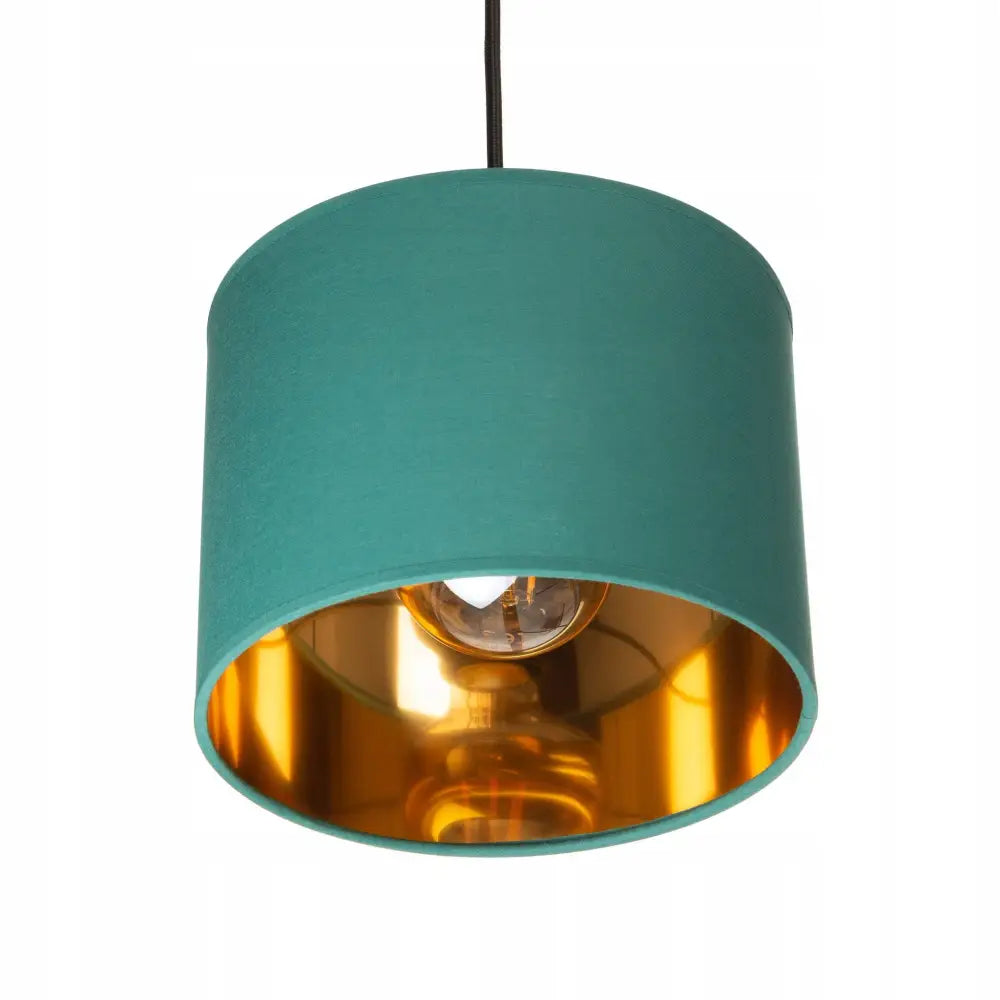Hengelampe Oro med turkis sylinderformet skjerm, gyllen innside og synlig pære, sett forfra.