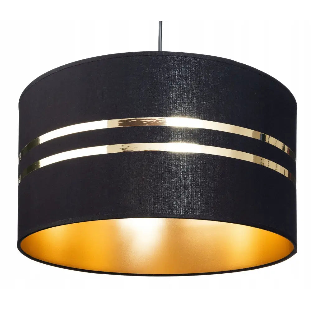 Hengelampe med stor svart sylinderformet skjerm, to gullringer og gyllen innside, sett fra siden.